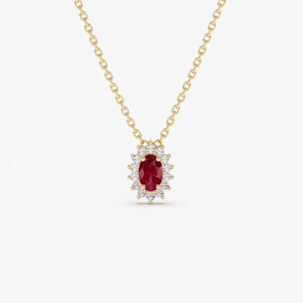14k Ruby Necklace with Halo Diamonds