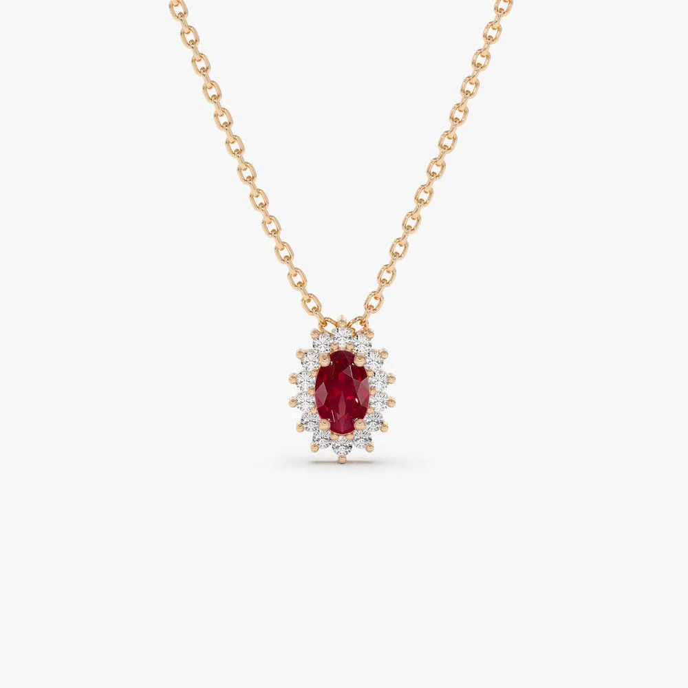 14k Ruby Necklace with Halo Diamonds