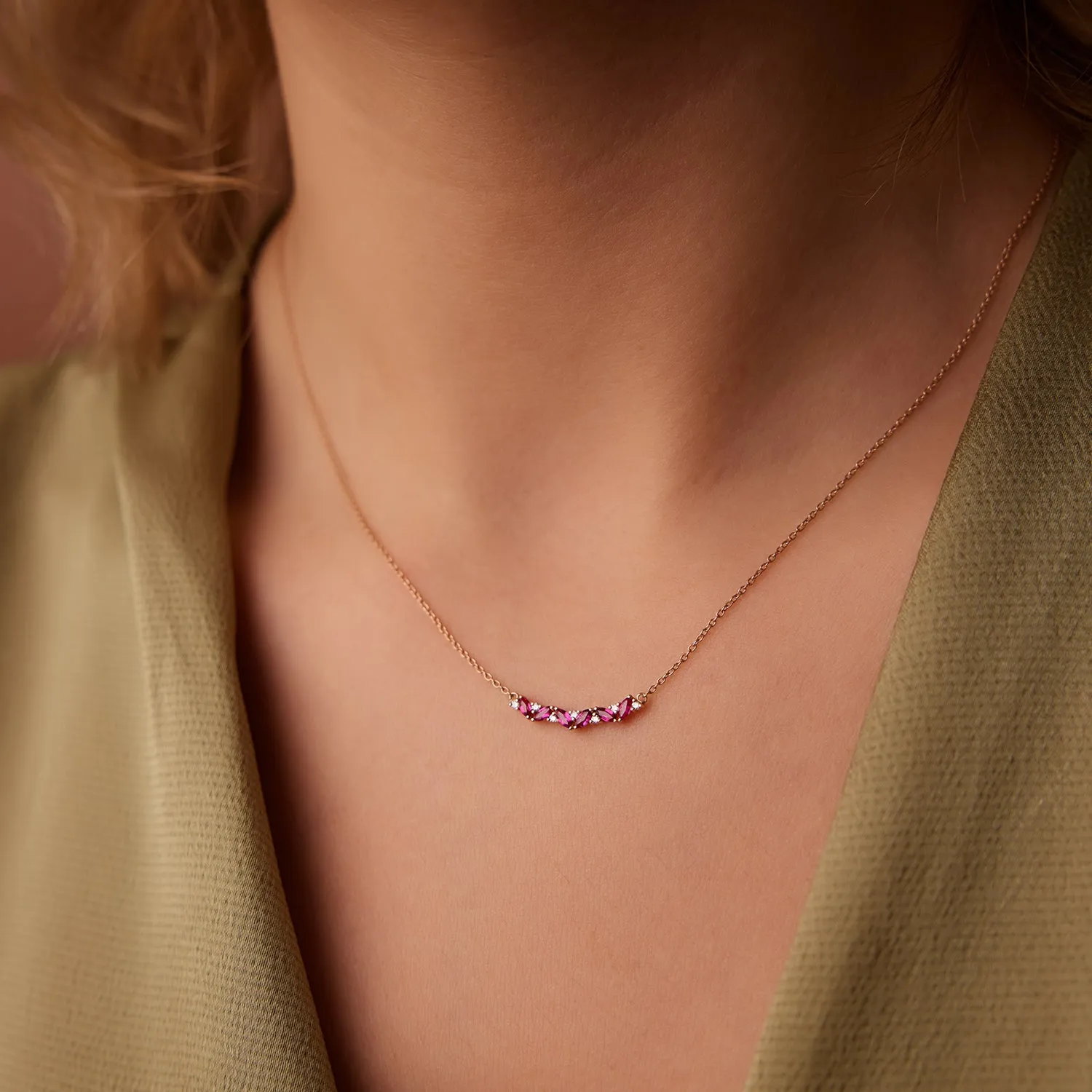 14K Slanted Ruby and Round Diamond Necklace