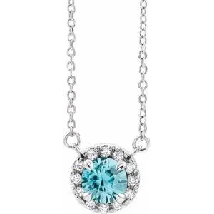 14K White 5 mm Natural Blue Zircon & 1/10 CTW Natural Diamond 16" Necklace