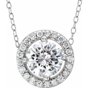 14K White 5 mm Round Forever One&trade; Moissanite & .06 CTW Diamond 16-18" Necklace