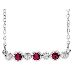 14K White Chatham® Created Ruby & .08 CTW Diamond Bezel-Set Bar 16-18" Necklace