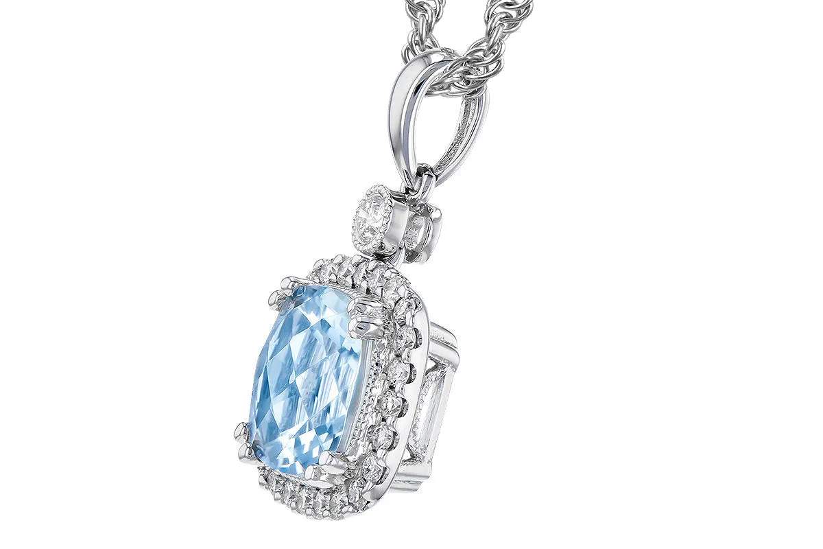 14K White Gold Cushion Cut Aquamarine and Diamond Halo Necklace.
