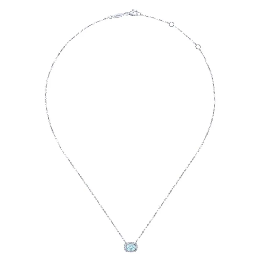 14K White Gold Oval Aquamarine and Diamond Halo Pendant Necklace