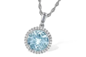 14K White Gold Round Aquamarine And Diamond Halo Pendant (2.16ctw)