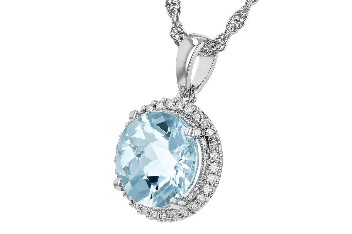 14K White Gold Round Aquamarine And Diamond Halo Pendant (2.16ctw)