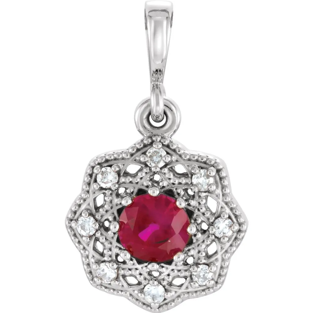 14k White Gold Ruby & .06 CTW Diamond Halo-Style Pendant