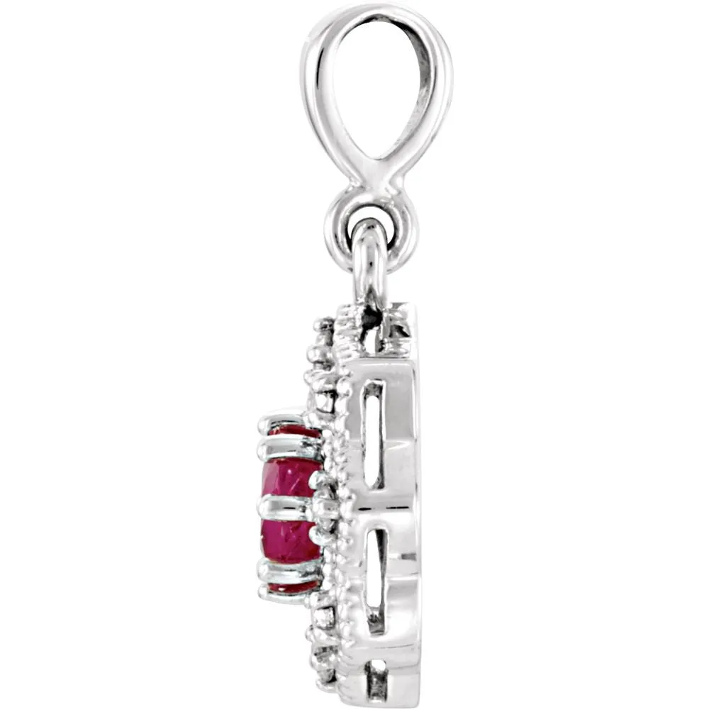 14k White Gold Ruby & .06 CTW Diamond Halo-Style Pendant