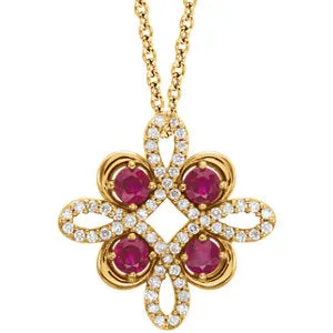 14K Yellow Chatham® Created Ruby & 1/6 CTW Diamond Clover 18" Necklace