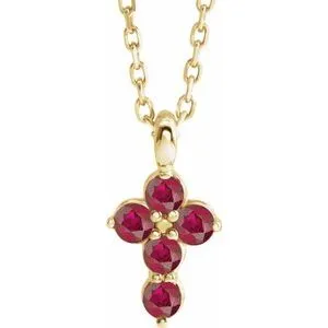 14K Yellow Chatham® Created Ruby Cross 16-18" Necklace