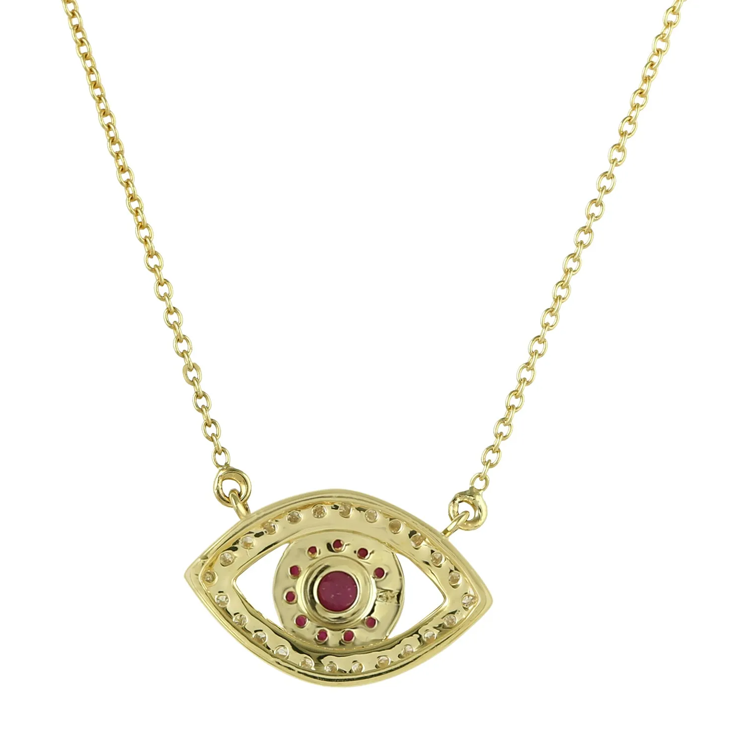 14K Yellow Gold Pave Ruby Diamond Evil Eye Design Choker Necklace