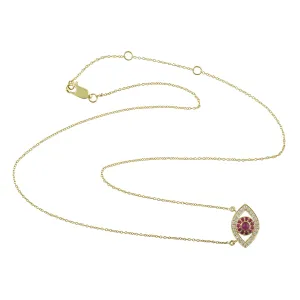 14K Yellow Gold Pave Ruby Diamond Evil Eye Design Choker Necklace