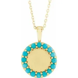14K Yellow Natural Turquoise Engravable Halo-Style 16-18" Necklace