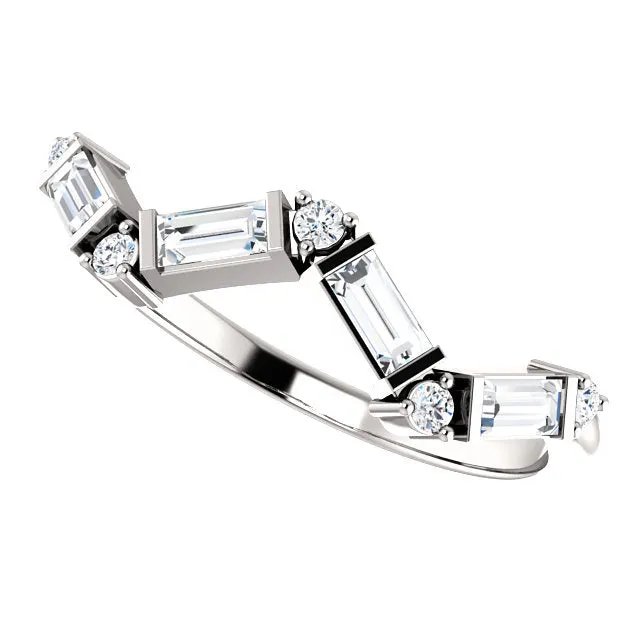14KT White Gold 1/3 CT Baguette   Round Diamond Stackable Ring
