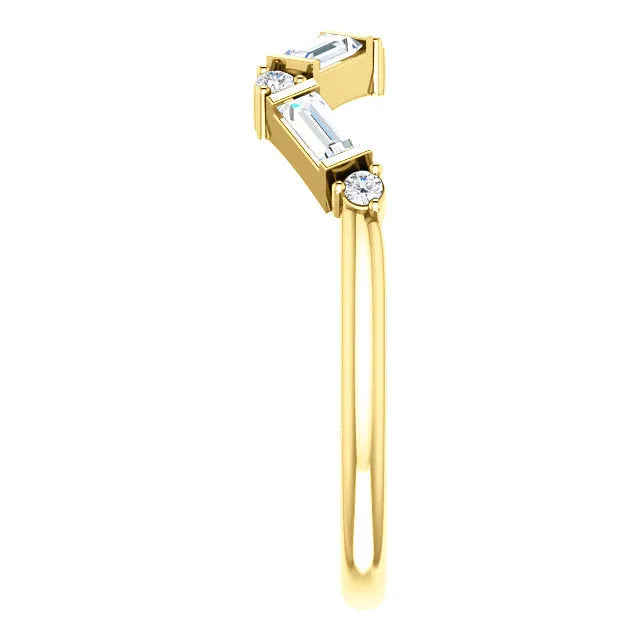 14KT Yellow Gold 1/3 Baguette   Round Diamond Stackable Ring