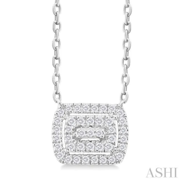 1/6 ctw Double Halo Emerald Shape Petite Round Cut Diamond Fashion Pendant With Chain in 10K White Gold