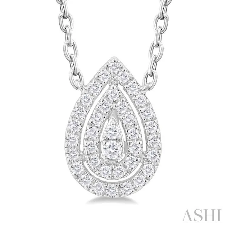 1/6 ctw Double Halo Pear Shape Petite  Round Cut Diamond Fashion Pendant With Chain in 10K White Gold