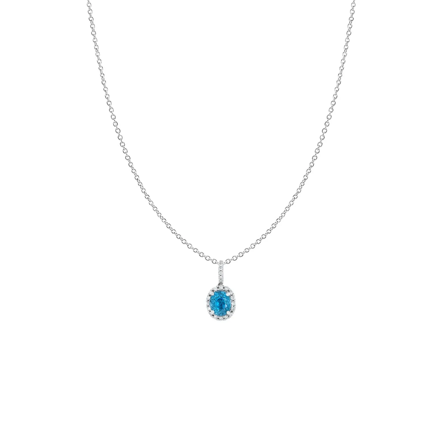 18 Karat White Gold Halo Pendant with Blue Zircon and Diamonds