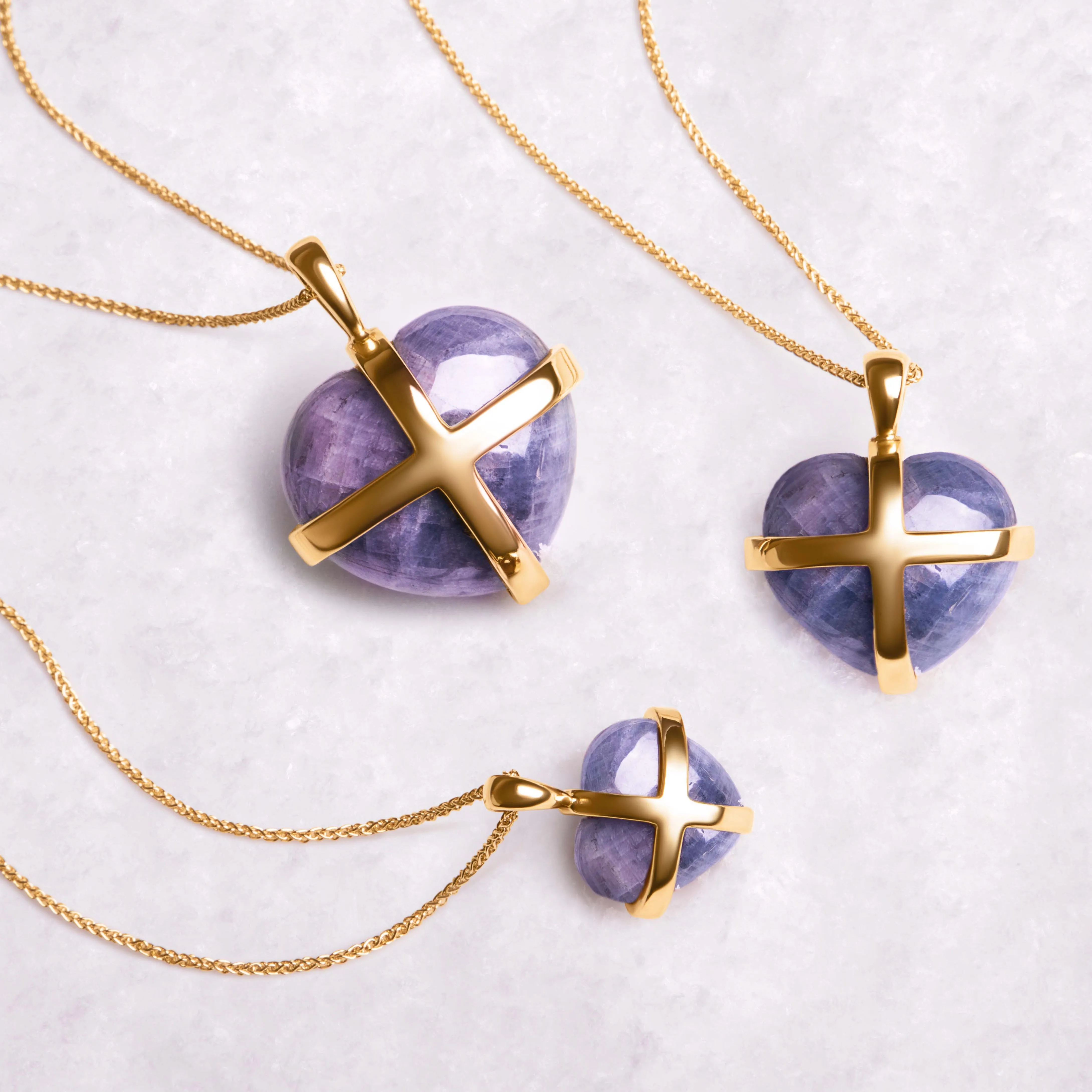 18ct Yellow Gold Northern Lights Greenland Sapphire Large Cross Heart Necklace