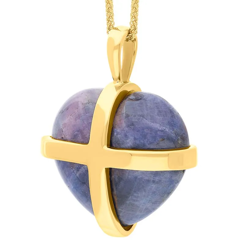 18ct Yellow Gold Northern Lights Greenland Sapphire Large Cross Heart Necklace