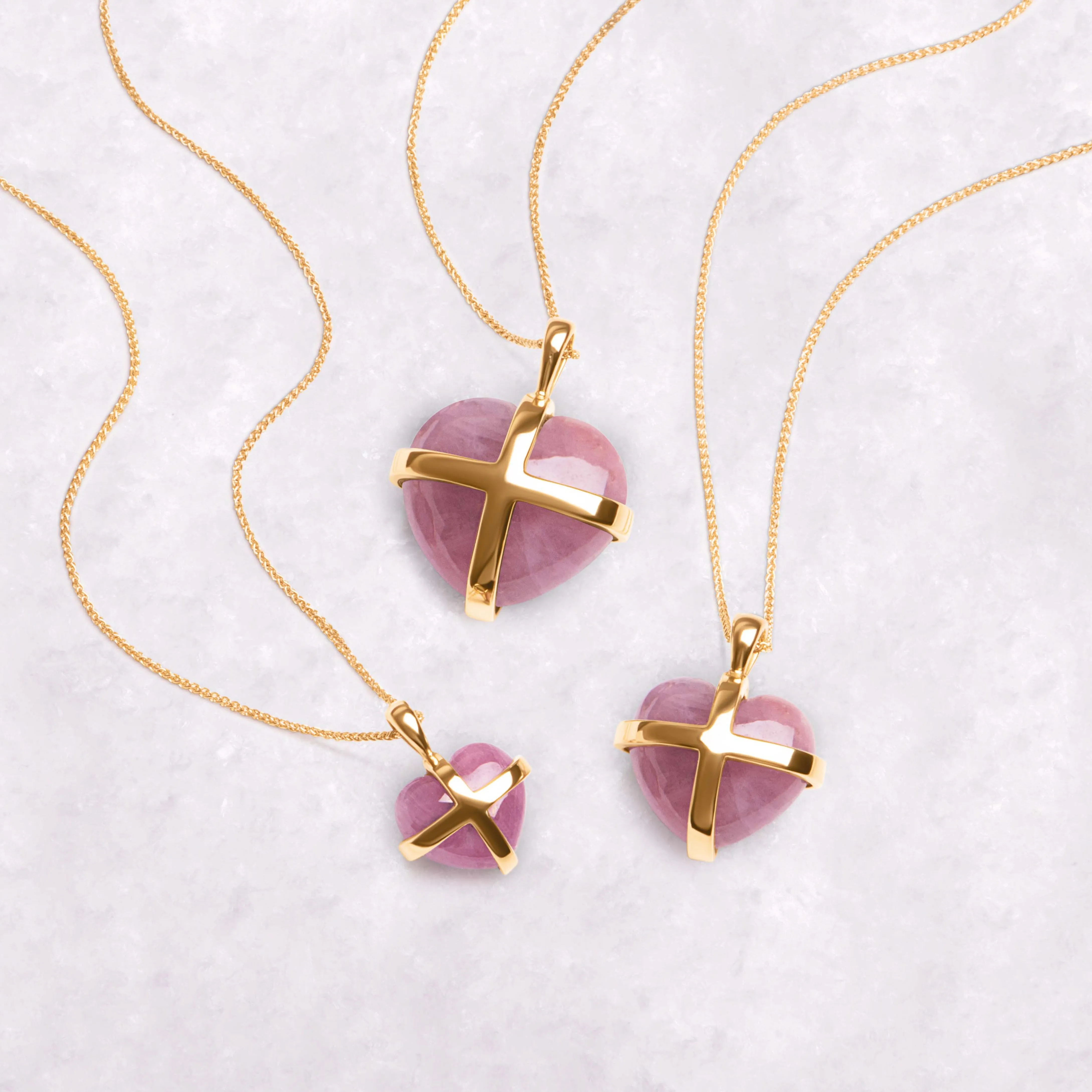 18ct Yellow Gold Pink Greenland Sapphire Large Cross Heart Necklace