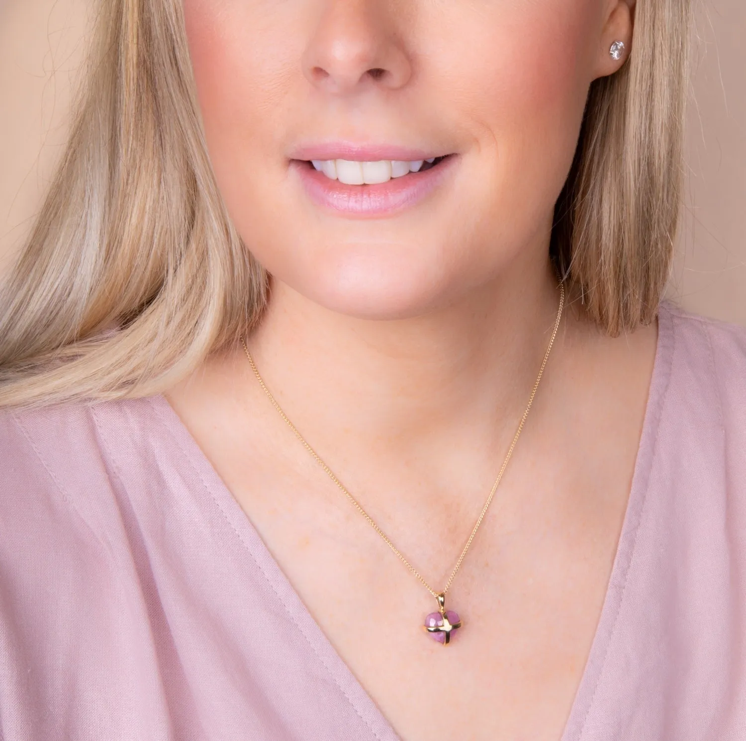 18ct Yellow Gold Pink Greenland Sapphire Large Cross Heart Necklace