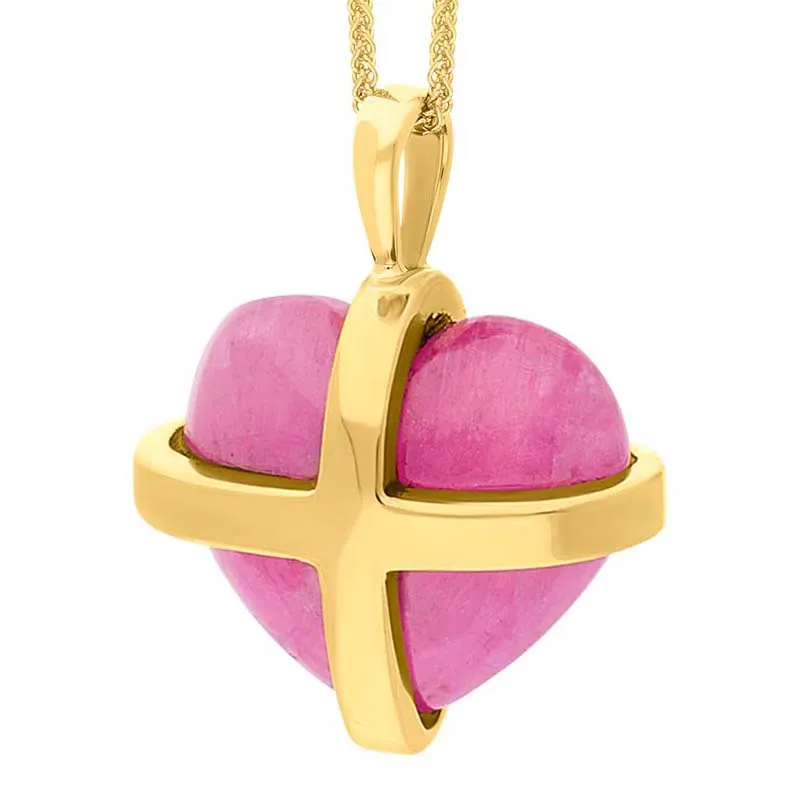 18ct Yellow Gold Pink Greenland Sapphire Large Cross Heart Necklace