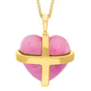 18ct Yellow Gold Pink Greenland Sapphire Large Cross Heart Necklace