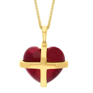 18ct Yellow Gold Red Greenland Ruby Small Cross Heart Necklace