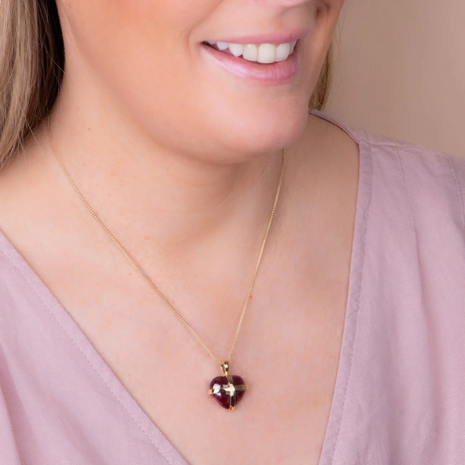 18ct Yellow Gold Red Greenland Ruby Small Cross Heart Necklace