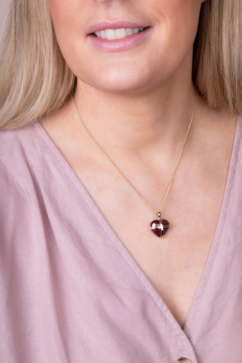 18ct Yellow Gold Red Greenland Ruby Small Cross Heart Necklace