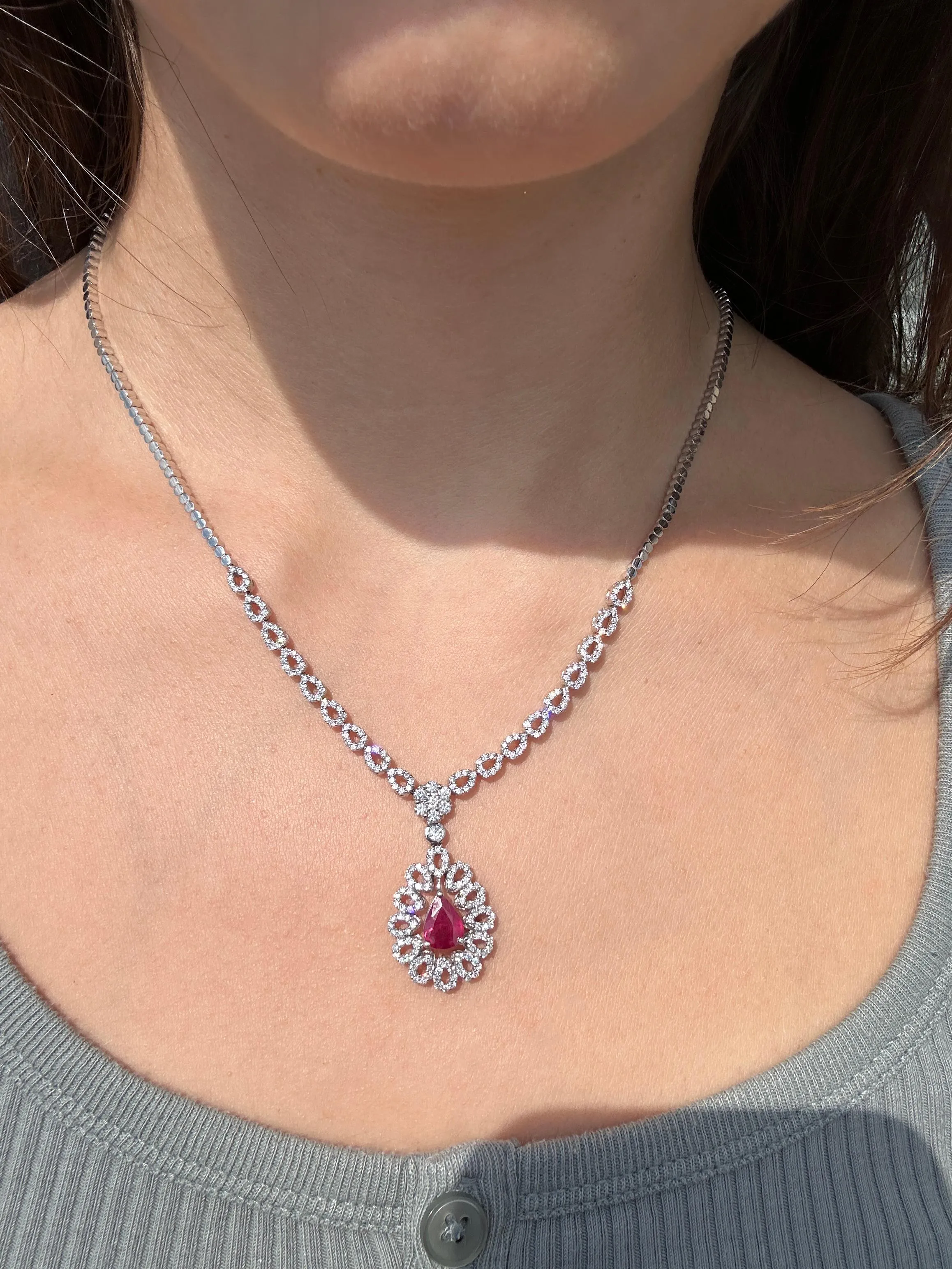 18K Diamond and Pearl Shaped Ruby Necklace