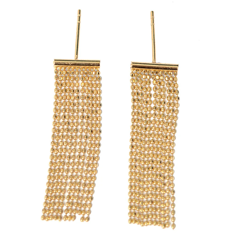 18K Solid Gold Drop Dangle Earrings Bead Chain Tassel Elegant Charm Jewelry