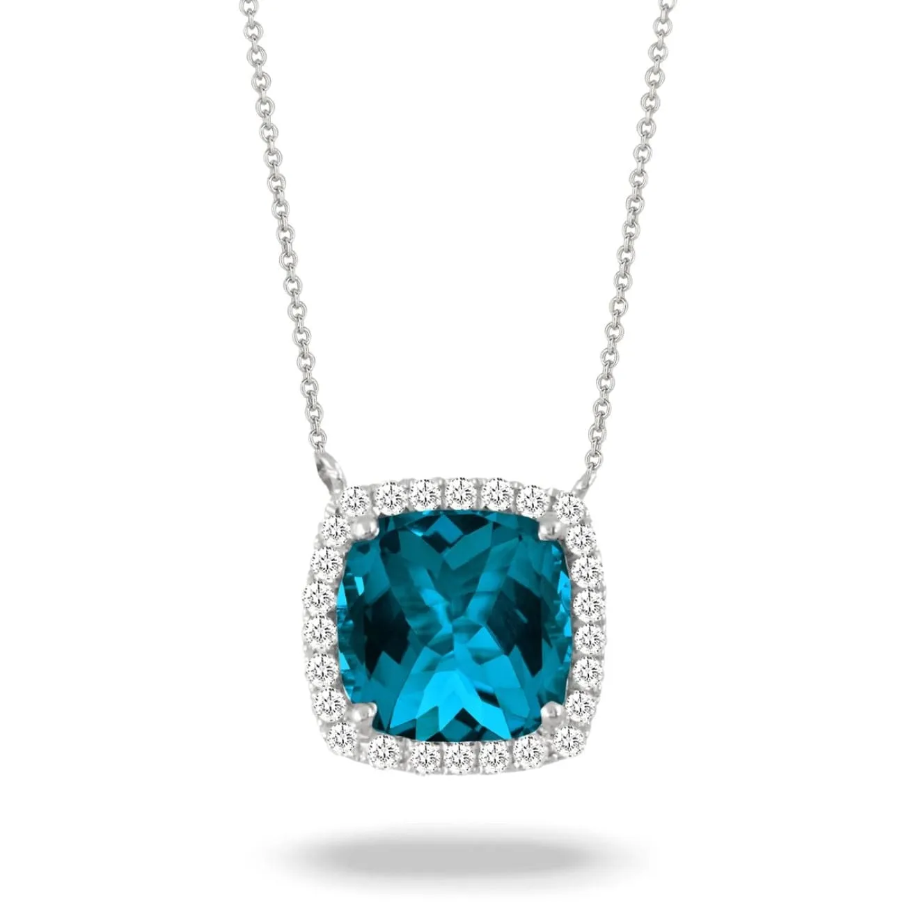 18KT WHITE GOLD CUSHION SHAPED LONDON BLUE TOPAZ HALO NECKLACE