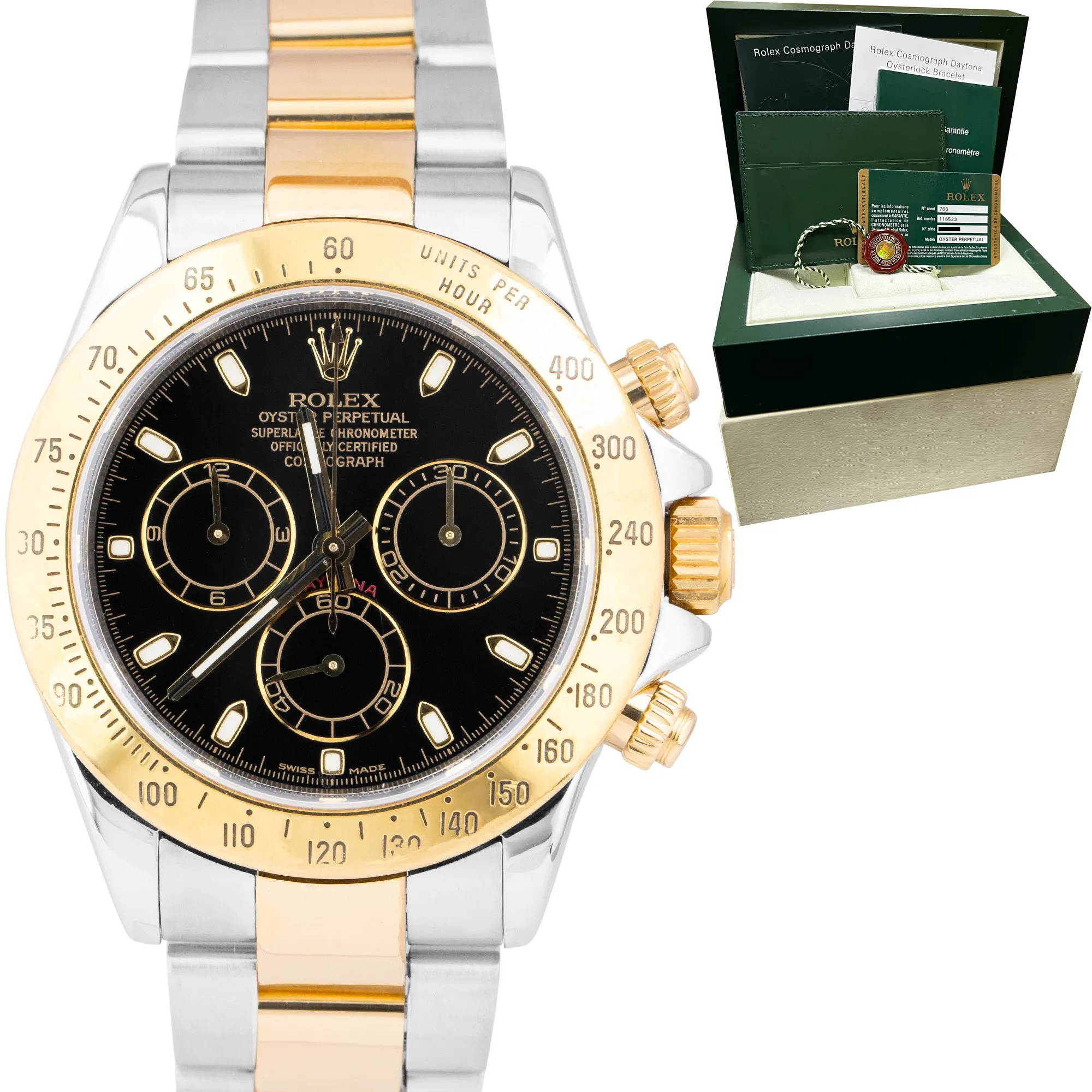 2008 Rolex Daytona Cosmograph 40mm Black Gold Two-Tone Stainless Watch 116523
