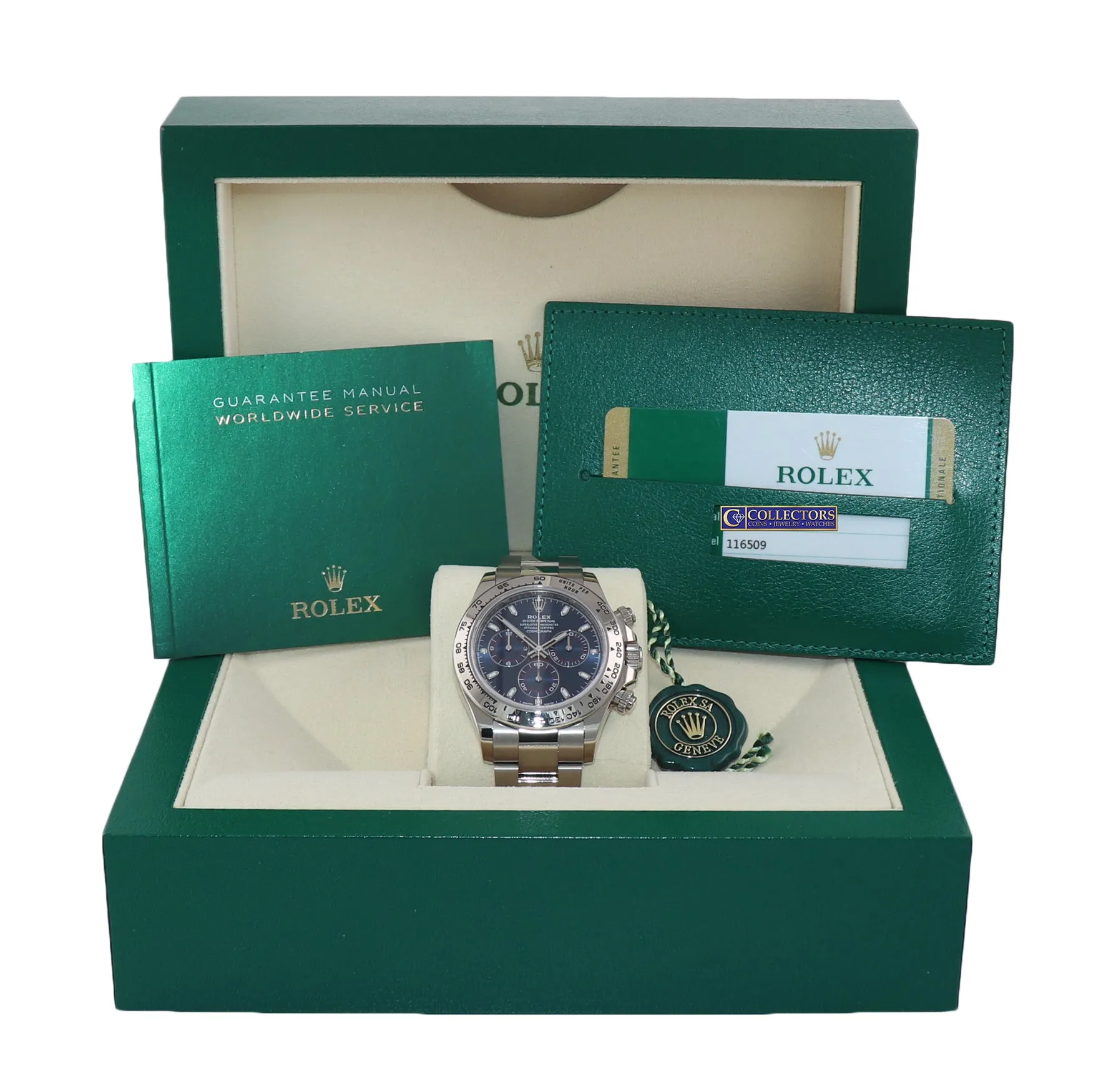 2019 PAPERS Rolex Daytona Chrono Blue Dial 116509 18k White Gold Watch Box