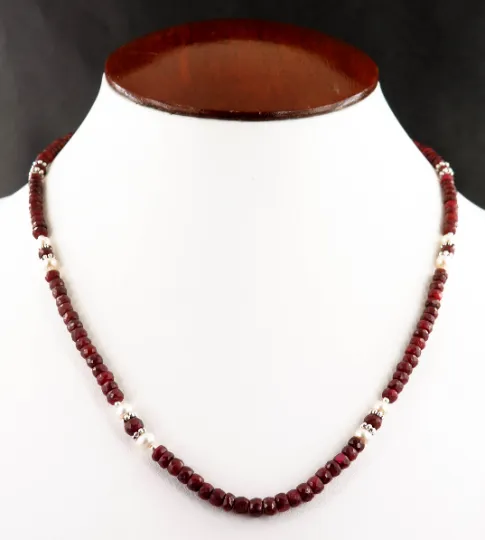 3-4 mm Faceted African Ruby Gemstone Necklace With Pearls