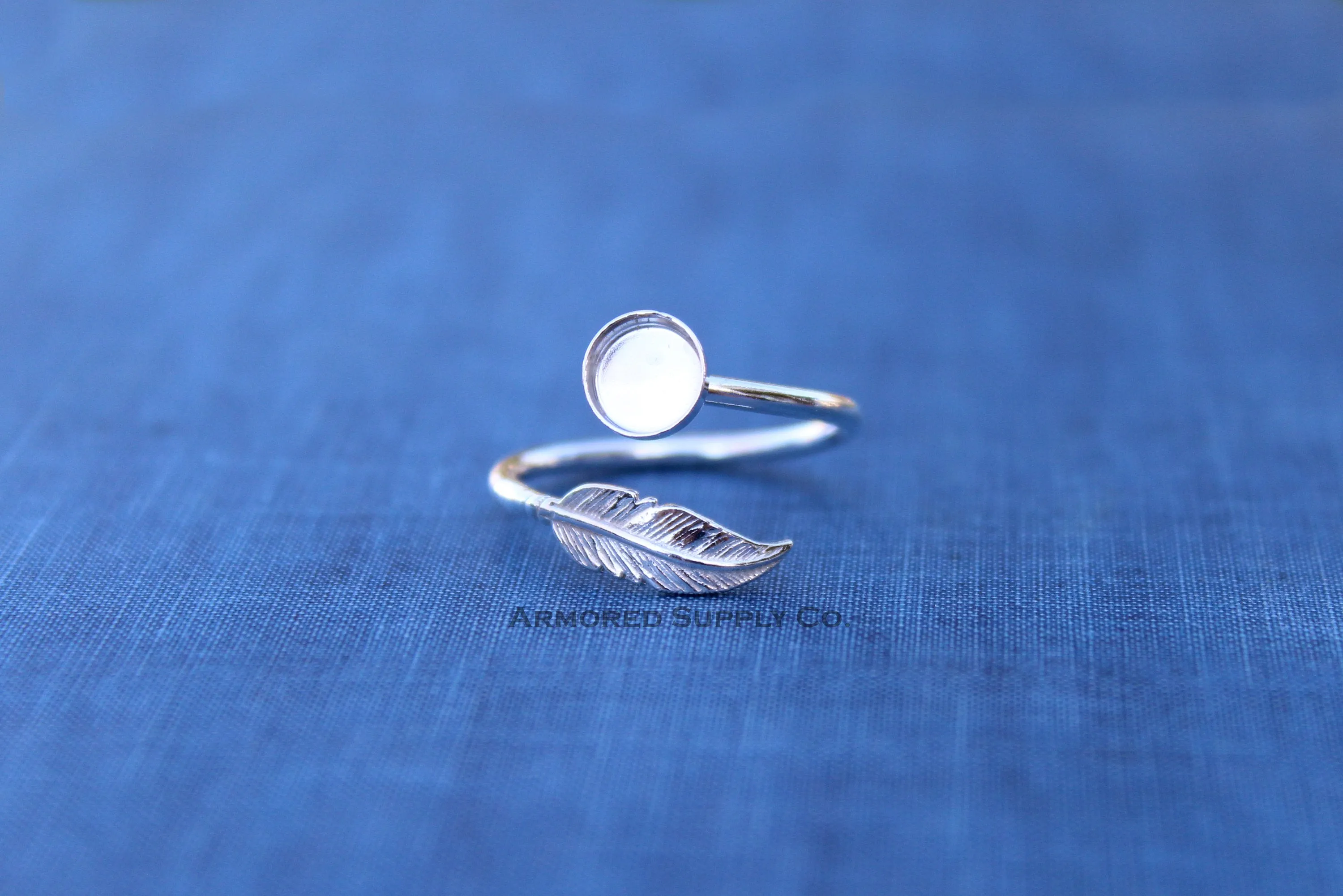 3mm Bezel Silver Feather Wrap Bypass Adjustable Ring blank