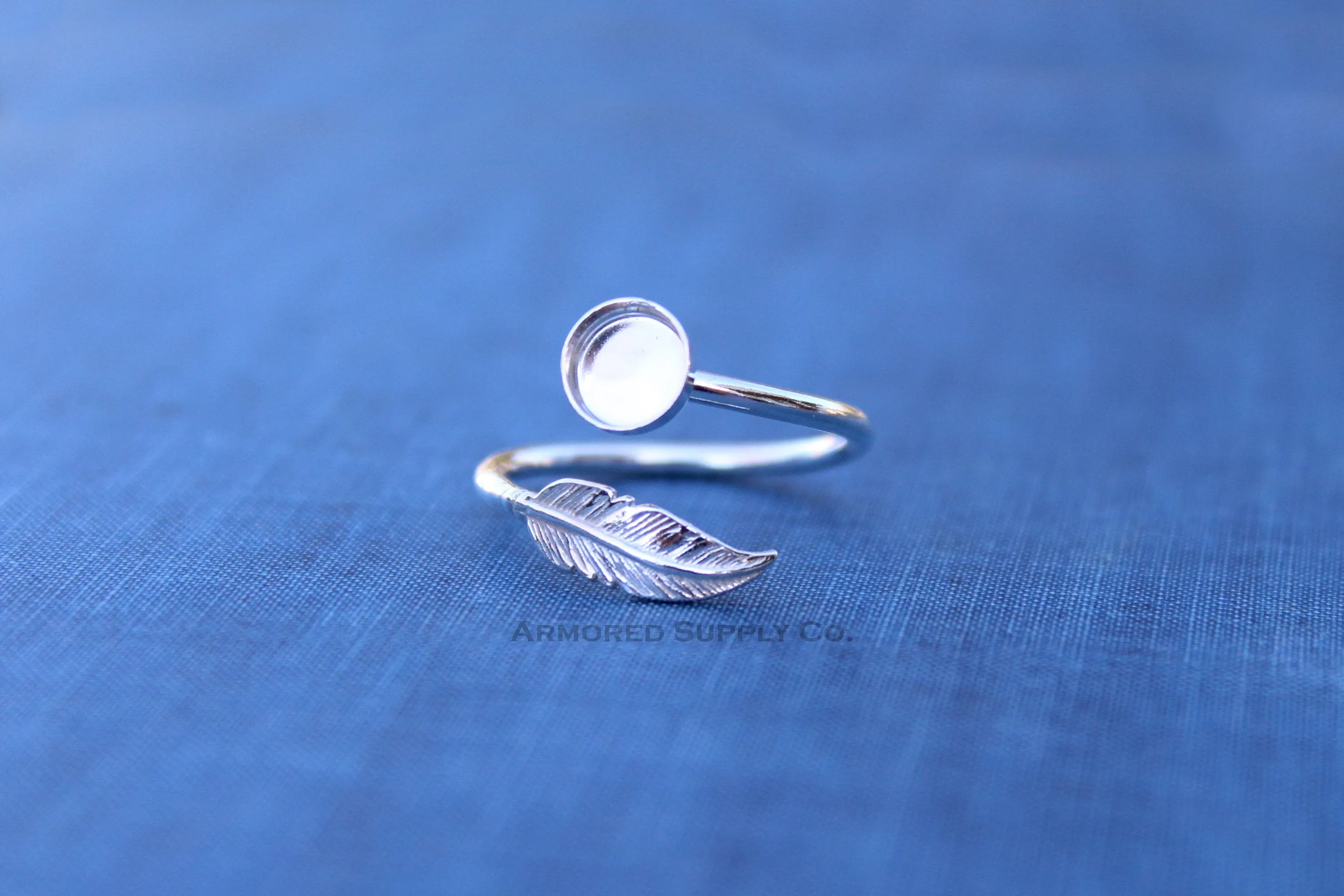 3mm Bezel Silver Feather Wrap Bypass Adjustable Ring blank
