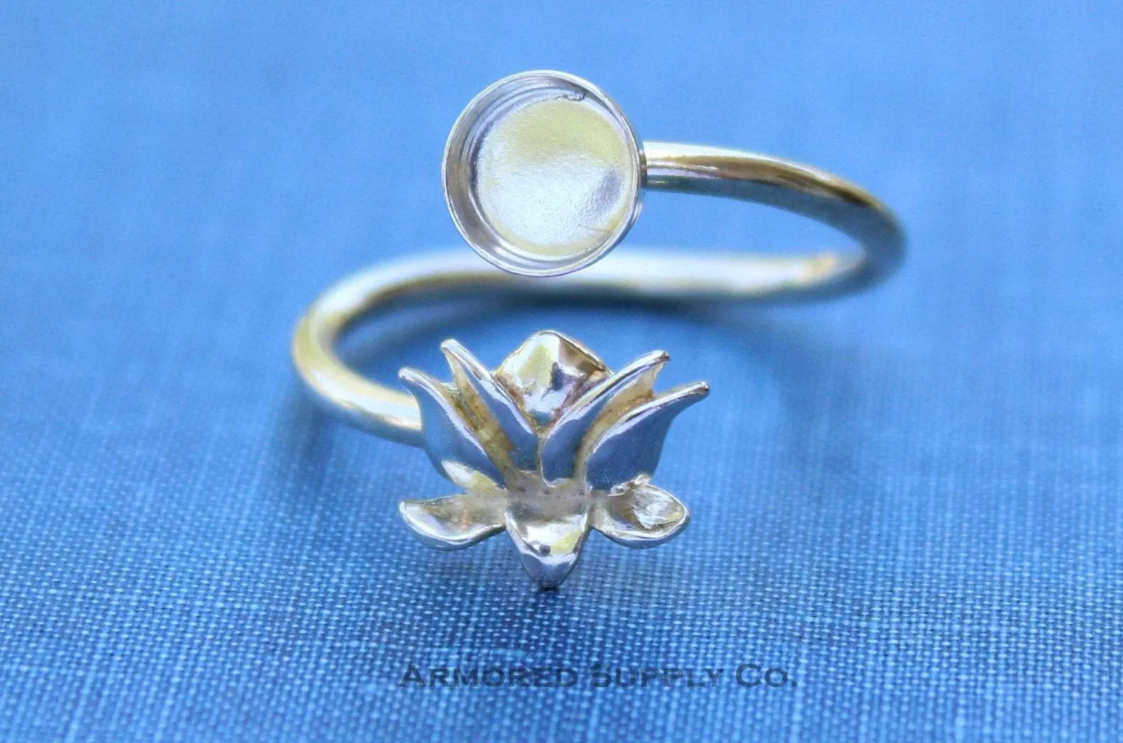 3mm Bezel Silver Lotus Flower Wrap Bypass Adjustable Ring blank