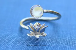 3mm Bezel Silver Lotus Flower Wrap Bypass Adjustable Ring blank