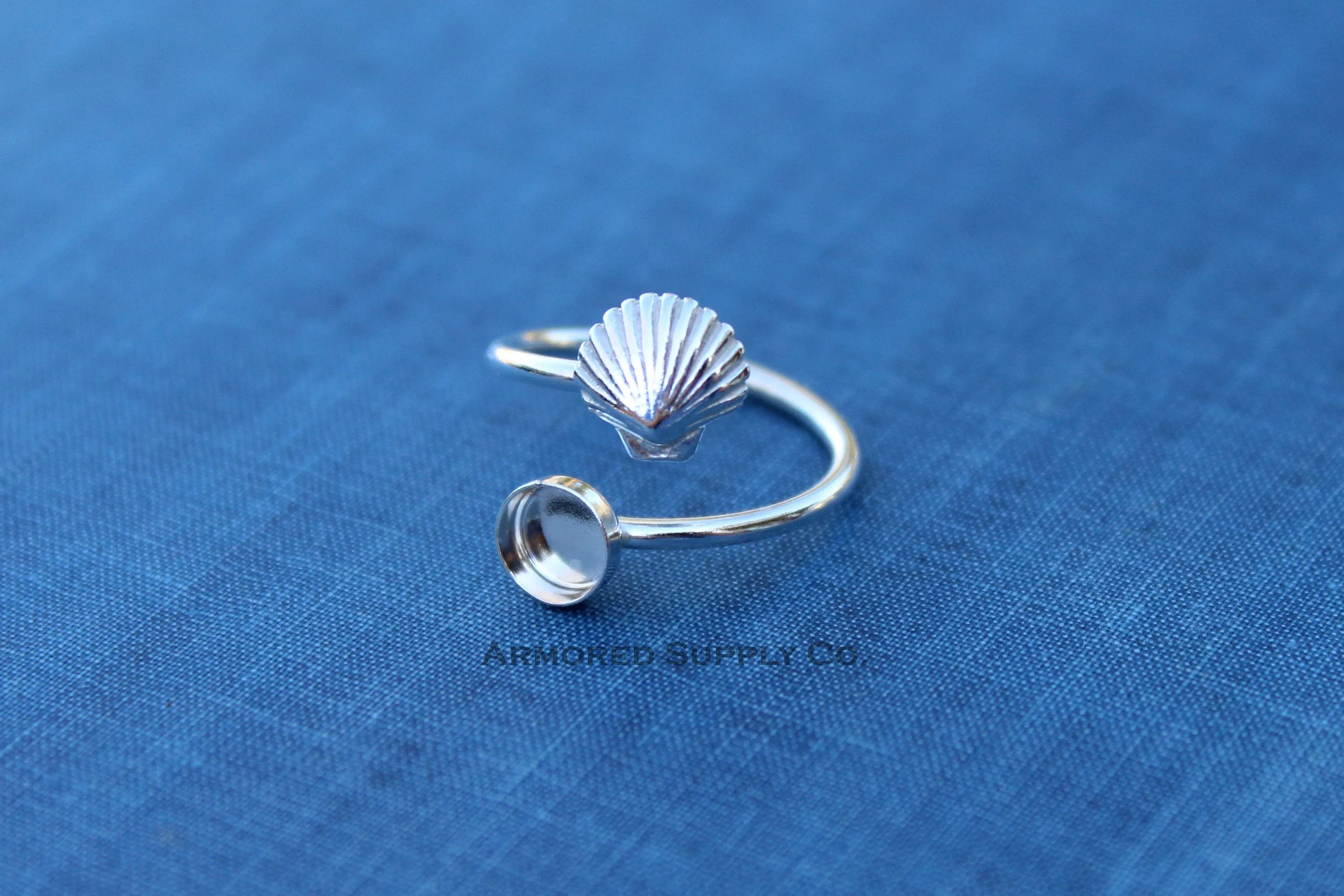 3mm Bezel Silver Sea Shell Wrap Bypass Adjustable Ring blank