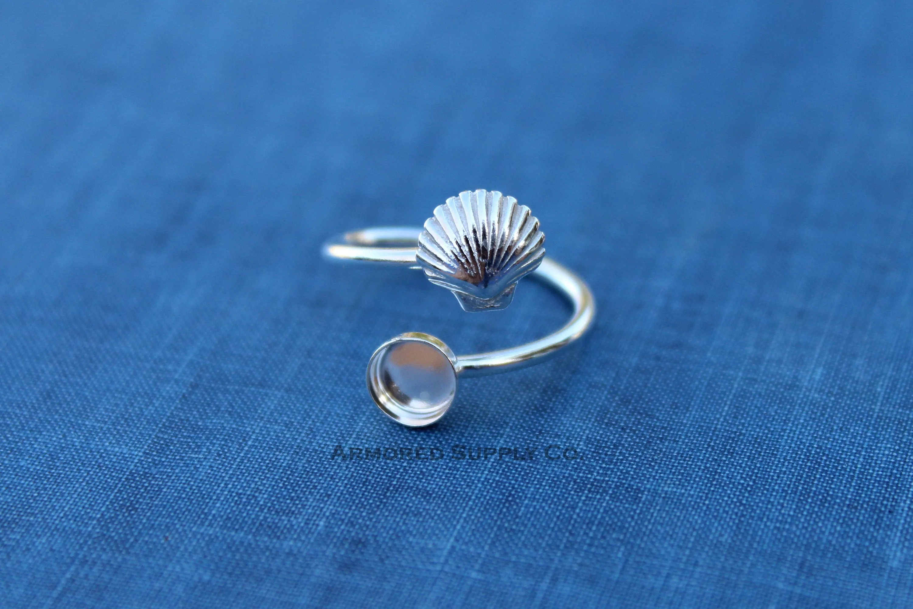 3mm Bezel Silver Sea Shell Wrap Bypass Adjustable Ring blank