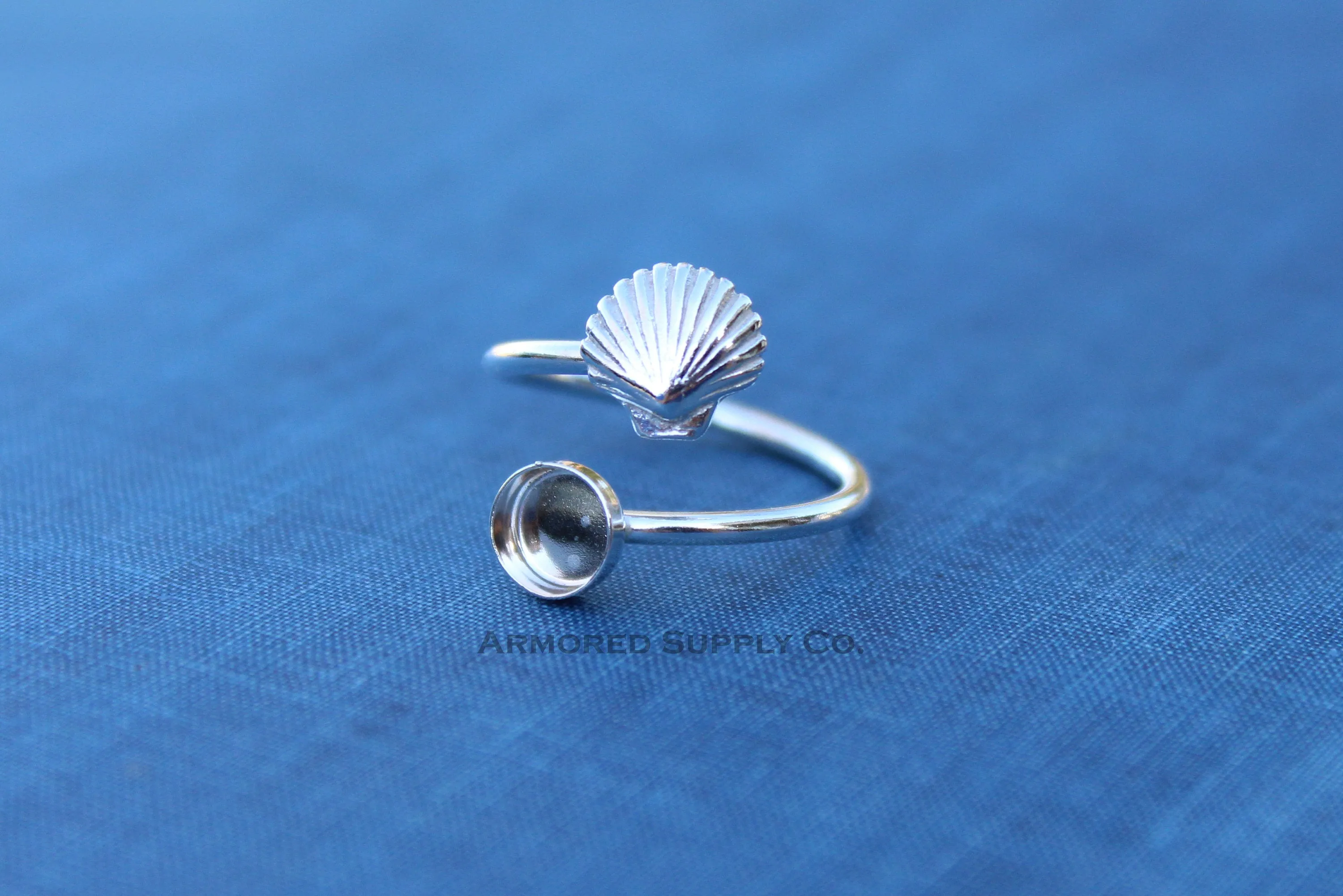 3mm Bezel Silver Sea Shell Wrap Bypass Adjustable Ring blank