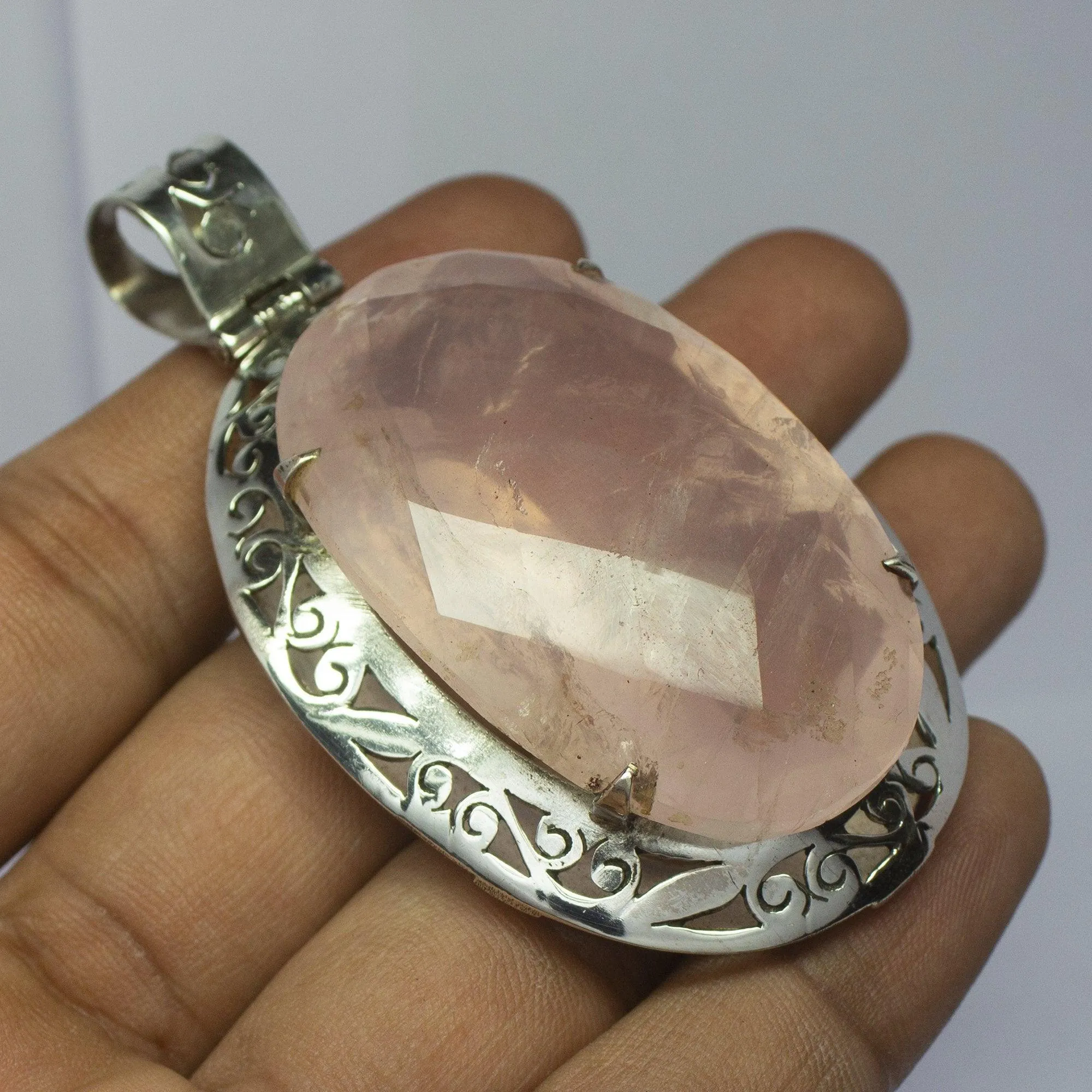 43.4g, Totally Handmade Natural Rose Quartz Oval Shape 925 Sterling Silver Pendant