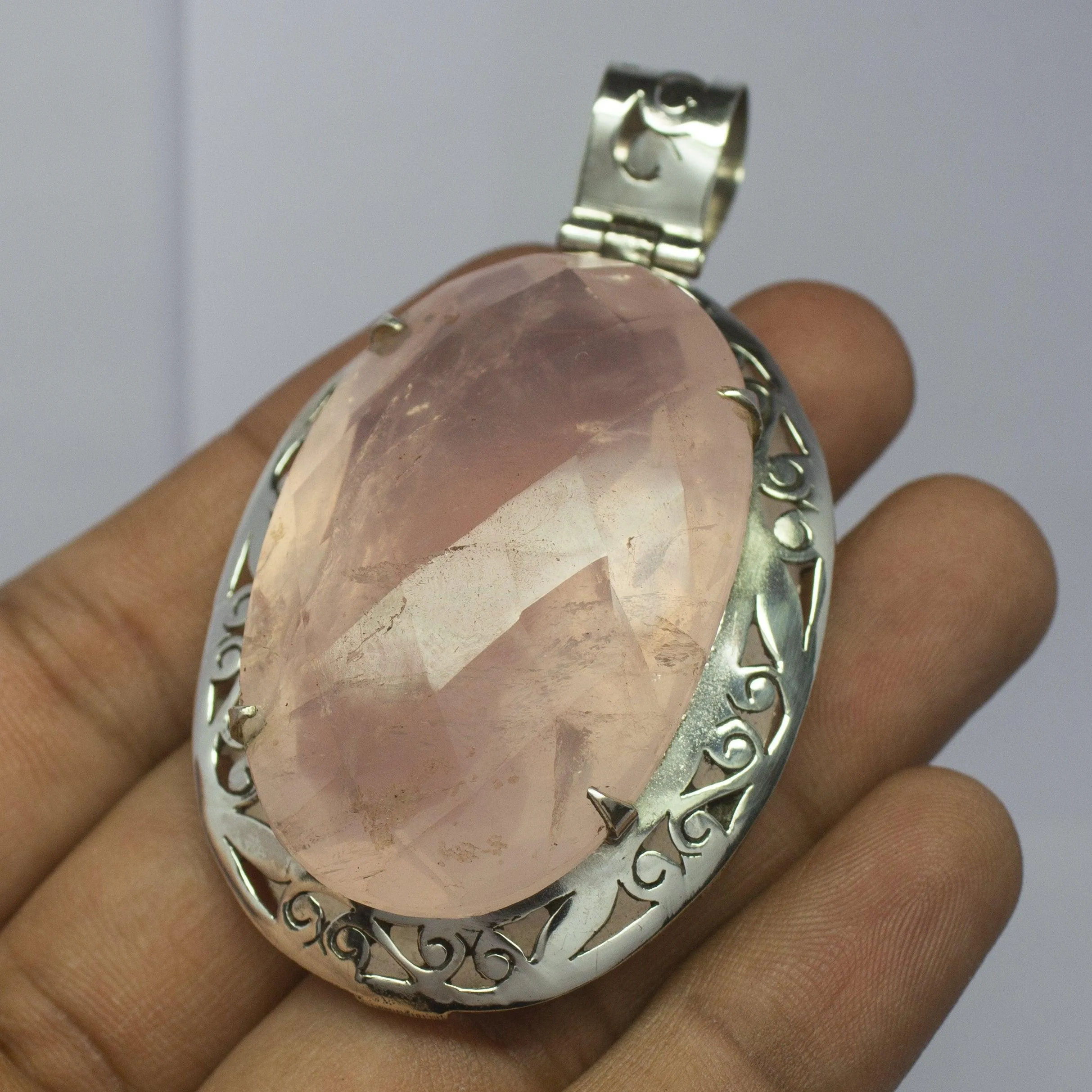 43.4g, Totally Handmade Natural Rose Quartz Oval Shape 925 Sterling Silver Pendant