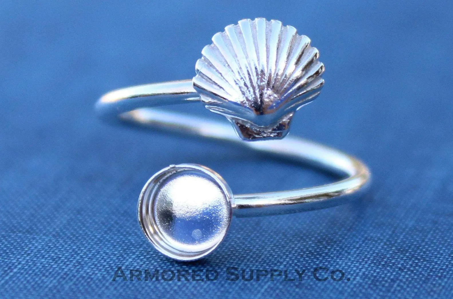 4mm Silver Sea Shell Wrap Bypass Adjustable Bezel Ring blank