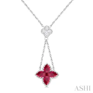 4x3 MM Pear Cut & 2.1 MM Princess Cut Ruby and 1/10 ctw Round Cut Diamond Floral Blossom Precious Necklace in 14K White Gold