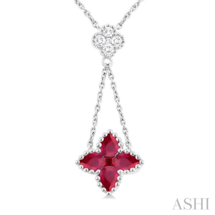 4x3 MM Pear Cut & 2.1 MM Princess Cut Ruby and 1/10 ctw Round Cut Diamond Floral Blossom Precious Necklace in 14K White Gold