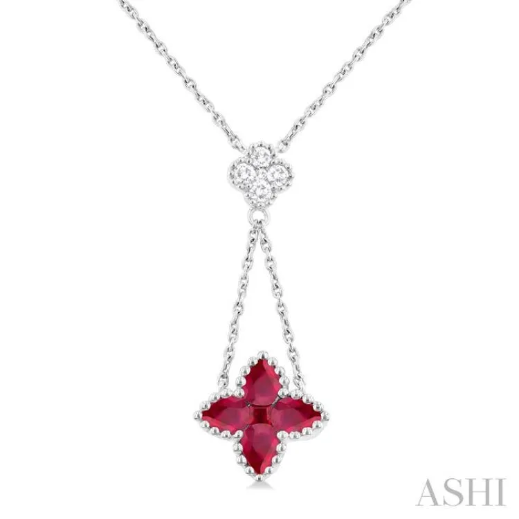 4x3 MM Pear Cut & 2.1 MM Princess Cut Ruby and 1/10 ctw Round Cut Diamond Floral Blossom Precious Necklace in 14K White Gold
